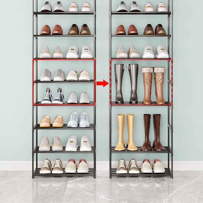 Metal Small Shoe Rack,Stackable Kids Shoe Stand,Narrow Shoe Storage Shelf for 8-10 Pairs of Shoes Entryway and Closet Hallway
