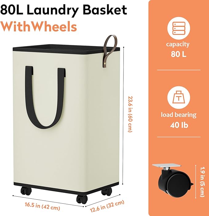 SpaceTrove Laundry Basket with Wheels, Collapsible Laundry Baskets, Laundry Hamper with Handles Detachable Wheels, Rolling La