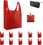 BeeGreen Christmas Red Reusable Grocery Bags with Zipper Storage Pouch 10 Packs Red Reusable Shopping Bags Bulk Foldable-Machine Washable