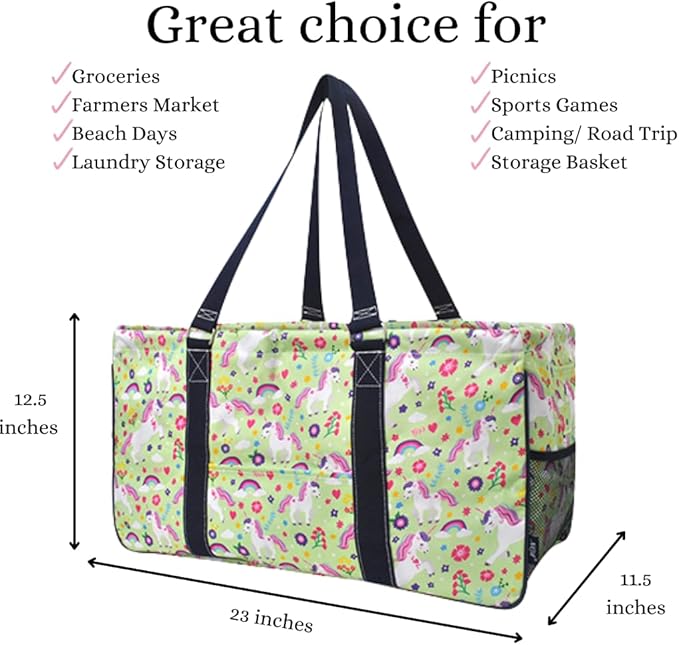 NGIL Extra Large Utility Tote Reusable Grocery Bag Oversized Collapsible for Groceries, Storage, Picnic, Beach (Unicorn-Navy)