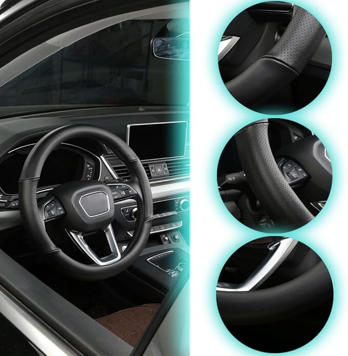 Cxtiy Genuine Leather Steering Wheel Cover with Ventilation Holes Luxury Cowhide,Breathable and Anti-Slip,14.5-15 inch(Black)