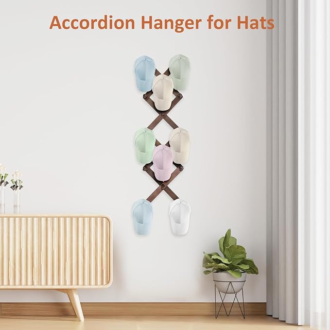Accordion Wall Hanger, Hat Rack for Wall with 14 Coat Hooks, Expandable Hat Hangers Organizer, Vintage Decorative Coat Rack W