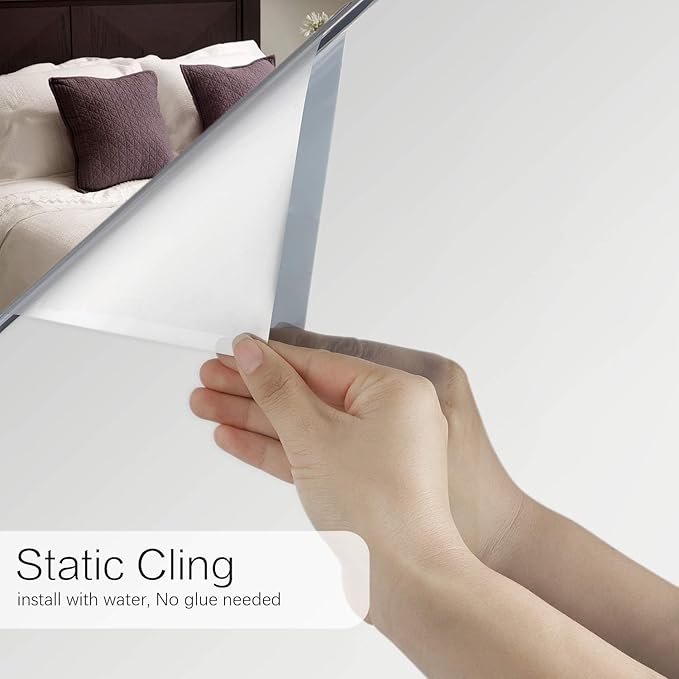 Volcanics One Way Window Privacy Film with Installation Tools, Sun Blocking Window Tinting Film for Home Heat Control Mirror Tint Film Static Cling 35.4 x 78 Inches, Silver
