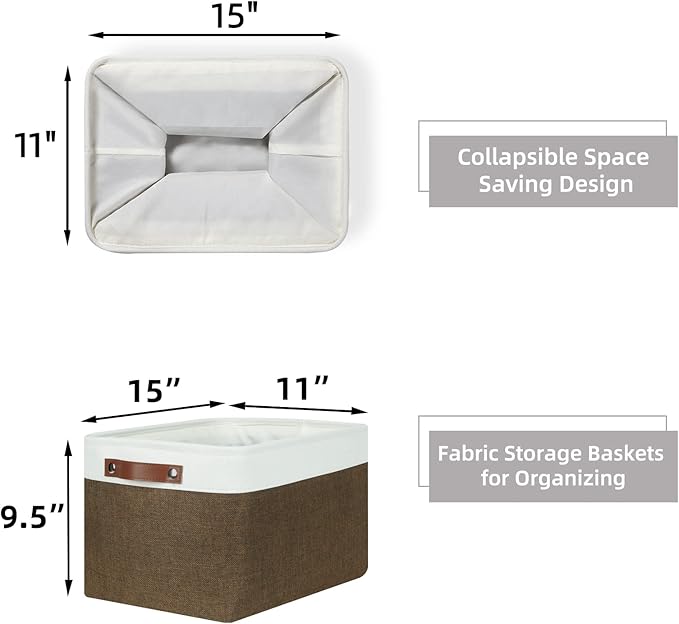 HNZIGE Fabric Storage Baskets (3 Pack) - Decorative Foldable Shelf Baskets with Leather Handles for Organizing Clothes (Brown