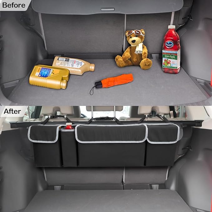 Car Trunk Organizer with Lid, Backseat Hanging Storage Bag with 4 Pockets & 3 Adjustable Straps, Waterproof PVC