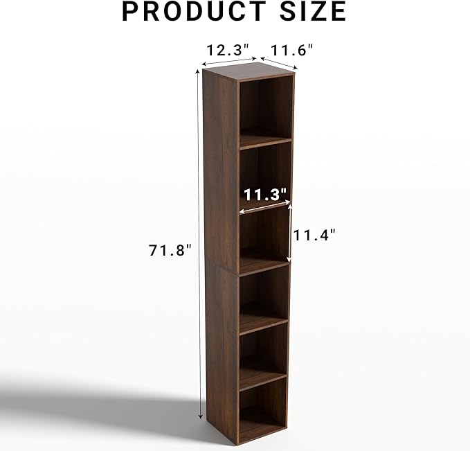 6 Cube Storage Organizer, Narrow Open Shelf Bookcase, Freestanding 6 Tier Low Display Bookshelf for Home Office, Living Room,