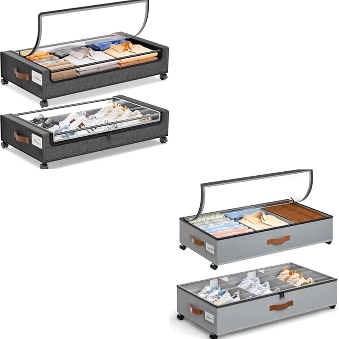 Yecaye Under Bed Storage with Wheels, 2Pack Under Bed Storage Containers and 2Pack Under Bed Shoe Storage Organizer Grey