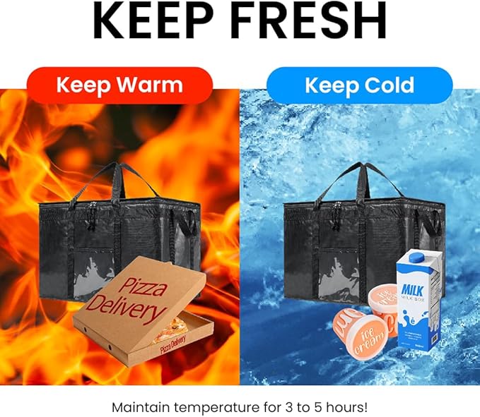 NZ home Insulated Bags for Food Delivery (3XL PRO) Grocery Shopping Cooler Bag, Pizza Delivery, Hot & Cold Catering Tote, Reusable, Foldable & Heavy Duty (2 Pack, Black)