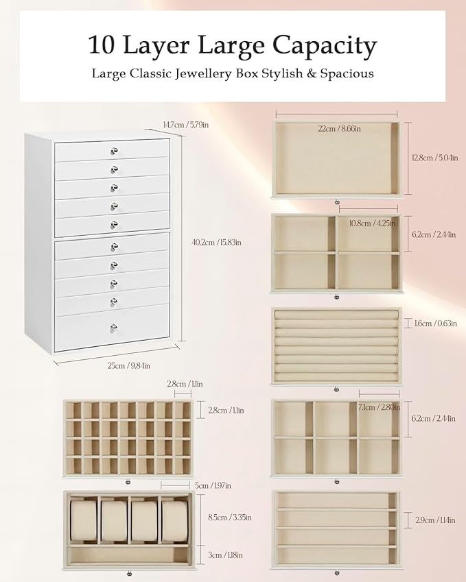 GUKA Large Jewelry Box, Jewelry Case with 10 Drawers for Big and Small Jewelry, Jewelry Storage Organizer for Watch Earrings 