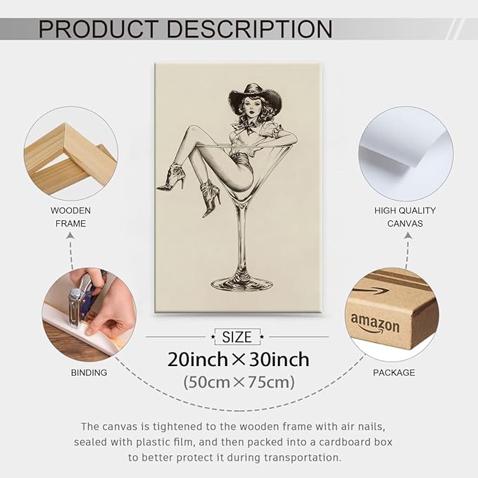 Vintage Western Framed Wall Art Coquette Cowgirl Martini Posters Prints 20x30 in Retro Bar Cart Cocktail Artwork Aesthetic fo