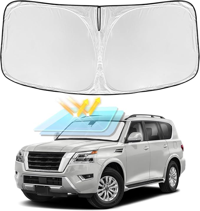 for Nissan Armada 2017-2025 2026 Windshield Sun Shade - 4 Layers Car Sunshades for Front Windows Shade Cover Custom for Armada Sun Visor 250T Retractable Shade Blocks UV Rays Car Accessories