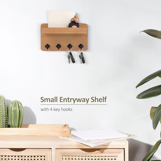 Nekon Key Holder Wall Mount, 8.5 Inch Small Home Decor Wooden Wall Organizer with 4 Hooks and Shelf, Key and Mail Holder for 