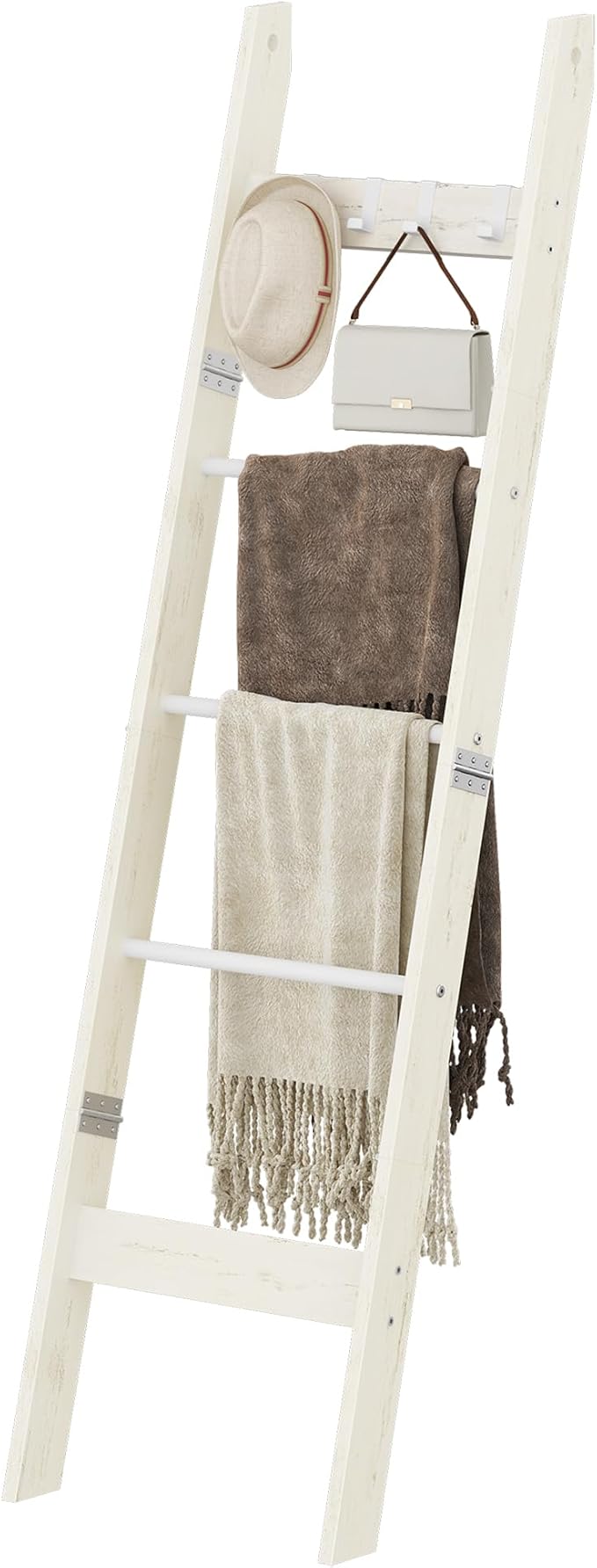 Hzuaneri Blanket Ladder Shelf for Living Room, Decorative Quilt Rack with 4 Removable Hooks, 5-Tier Farmhouse Ladder Holder O