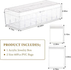 KAMJUNTAR Acrylic Jewelry Box Organizer, Clear Jewelry Organizers and Storage Box with 60 Portable Anti Tarnish Bags, Travel 