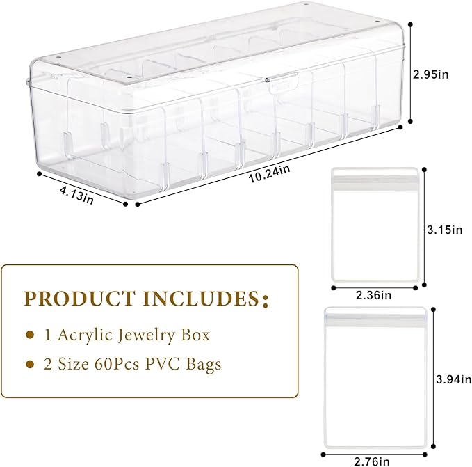 KAMJUNTAR Acrylic Jewelry Box Organizer, Clear Jewelry Organizers and Storage Box with 60 Portable Anti Tarnish Bags, Travel 