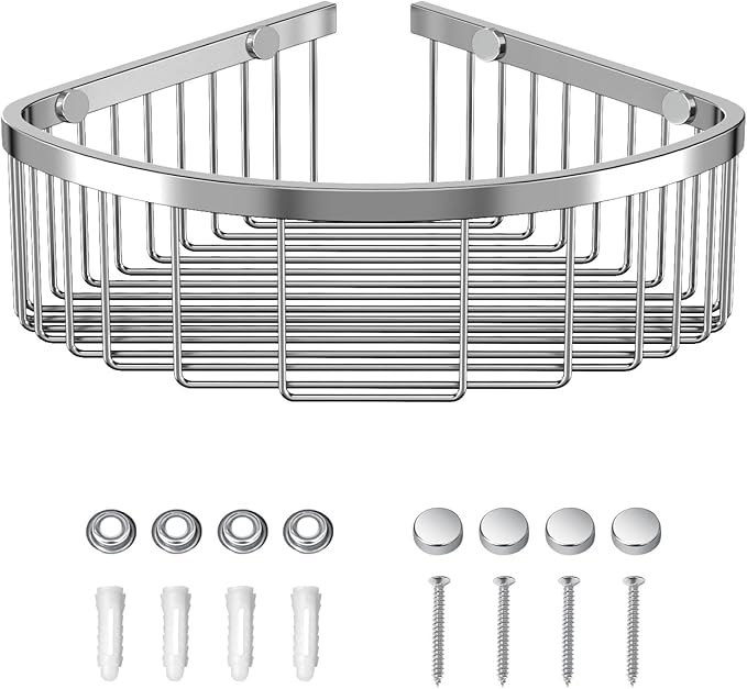 Shower Basket Brushed Stainless Shower Corner Shelf, 304 Caddy Stainless Steel Rustproof, Organizer Wall Mounted Basket(Inclu