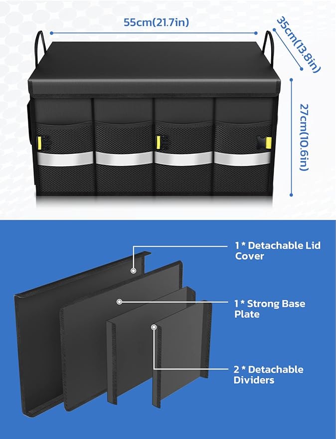 Oasser Car Trunk Organizer, 3 Compartments Collapsible Waterproof Car Organizer Storage with Foldable Cover, Reflective Strip,