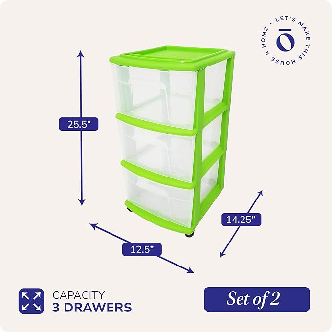 HOMZ 2-Pack Drawer Tower, 3-Tier Clear Plastic Storage Organizer Cart, Bold Lime Frame - Organizing Containers with Wheels fo