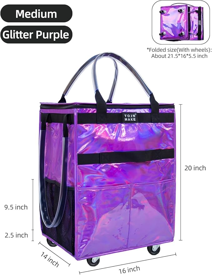 Reusable Grocery Bag On Wheels (Medium, Glitter Purple), Shopping Trolley, Rolling Tote with 8 Pockets and Zipper Cover, Foldable, Heavy Duty Handles, Carries Up to 66 LBS