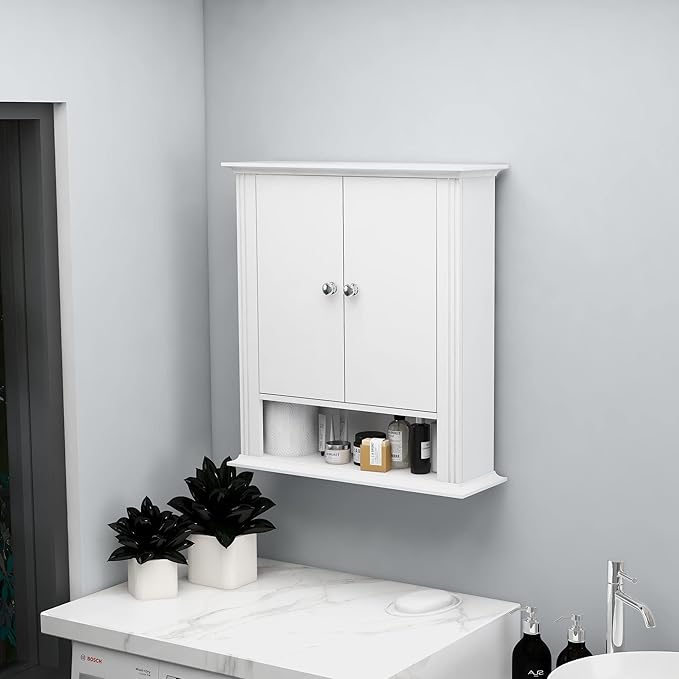 White Bathroom Wall Cabinet, Over the Toilet Storage Cabinet, Bathroom Cabinet Wall Mount, 2 Doors & Hooks, Medicine Cabinet 