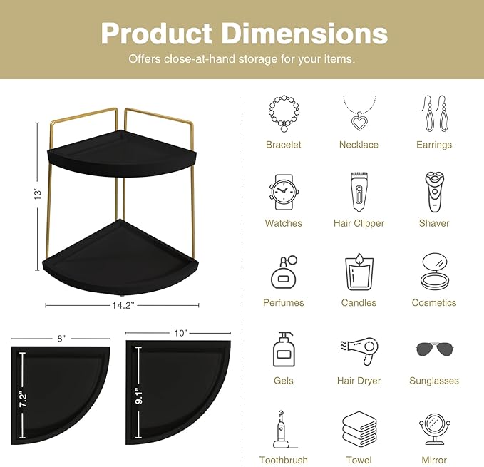 Forbena Black and Gold Corner Bathroom Counter Organizer, Modern Kitchen Countertop Shelf Organizer for Sink, Two Tier Makeup