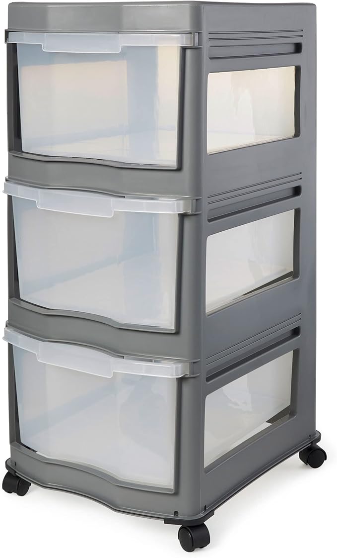 Life Story Classic Gray 3 Shelf Home Storage Container Organizer Plastic Drawers with Wheels for Closet, Dorm, or Office