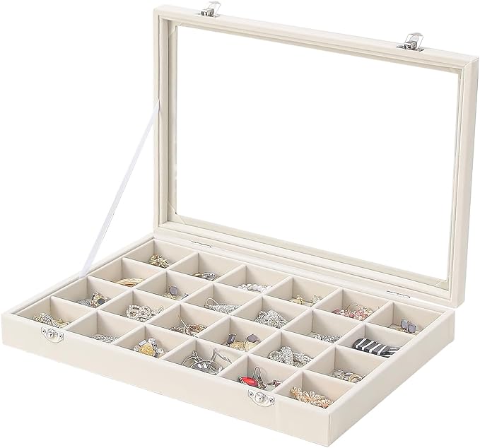 Coward Jewelry Organizer Box, Beige Velvet 24 Grids Ring Earring Jewelry Display Tray Case with Transparent Glass Lid for Hom