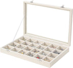 Coward Jewelry Organizer Box, Beige Velvet 24 Grids Ring Earring Jewelry Display Tray Case with Transparent Glass Lid for Hom