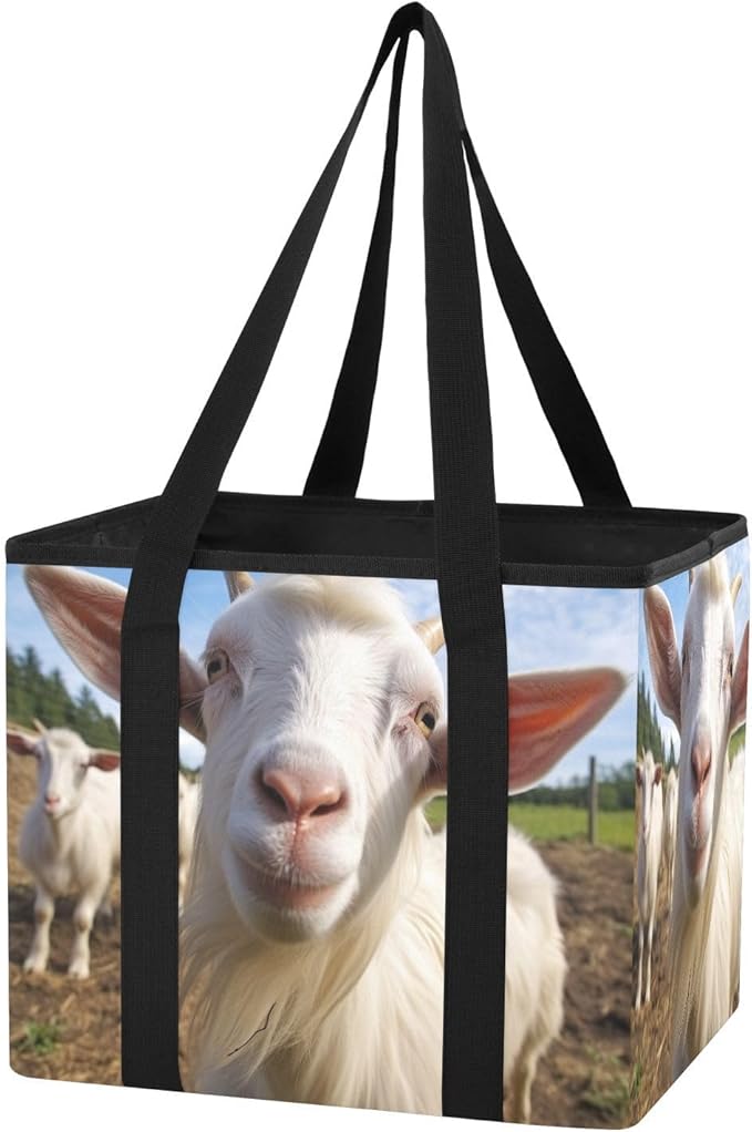 Cute White Goat Reusable Grocery Bags Large Shopping Tote Bag with Reinforced Bottom Board, Water Resistant Foldable Storage 