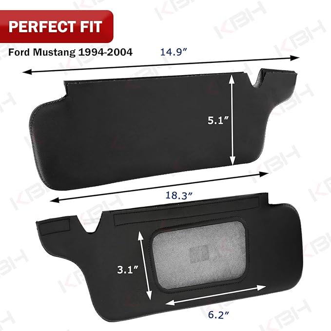 KBH Sun Visor Cover for Ford Mustang 1994-2004, Vinyl Leather Trim, Car Sunvisor Protector Covering, Left and Right Side, Anti-Scratch, Black (Leather Covers Only)