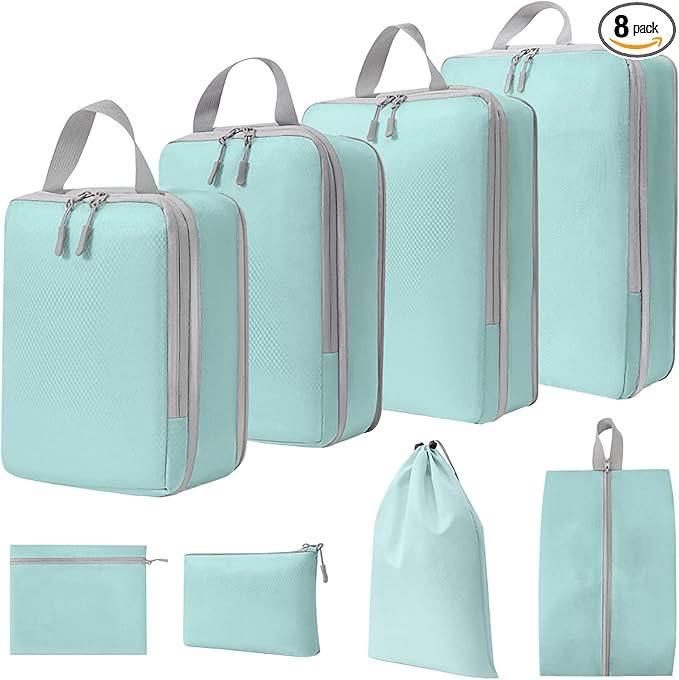 WOOMADA Compression Packing Cubes for Suitcases Travel Essentials 8 Set Expandable Travel Bags Organizer for Luggage(turquois