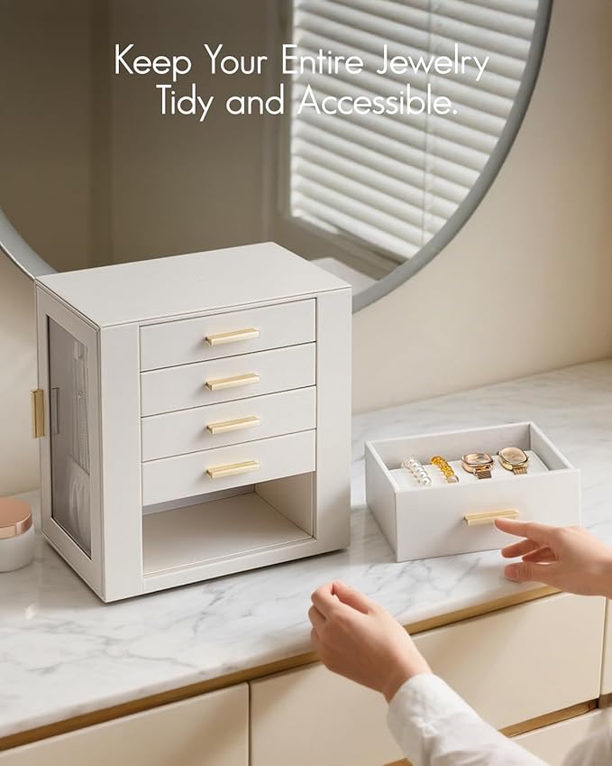 VLANDO 360ｰ Rotating Jewelry Box with 5 Drawers, Mothers Day Mom Gifts, Large Jewelry Storage with 2 Glass Window, PU Leather