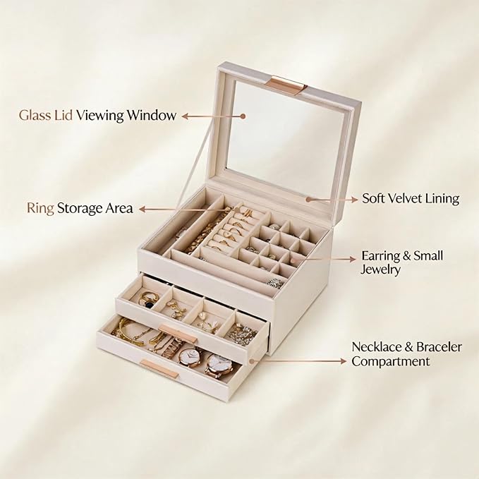 Jewelry Box Organizer with Glass Lid, 3-Layer with Double Drawers, Luxury Velvet Lined Desktop Display Case for Earrings Ring