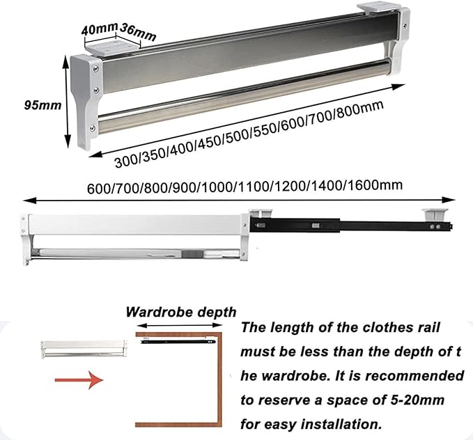 Pull Out Clothes Rail Extendable Clothes Rail - Sliding Wardrobe Closet Rod, Adjustable Wardrobe Clothes Rail, Steel Sliding 