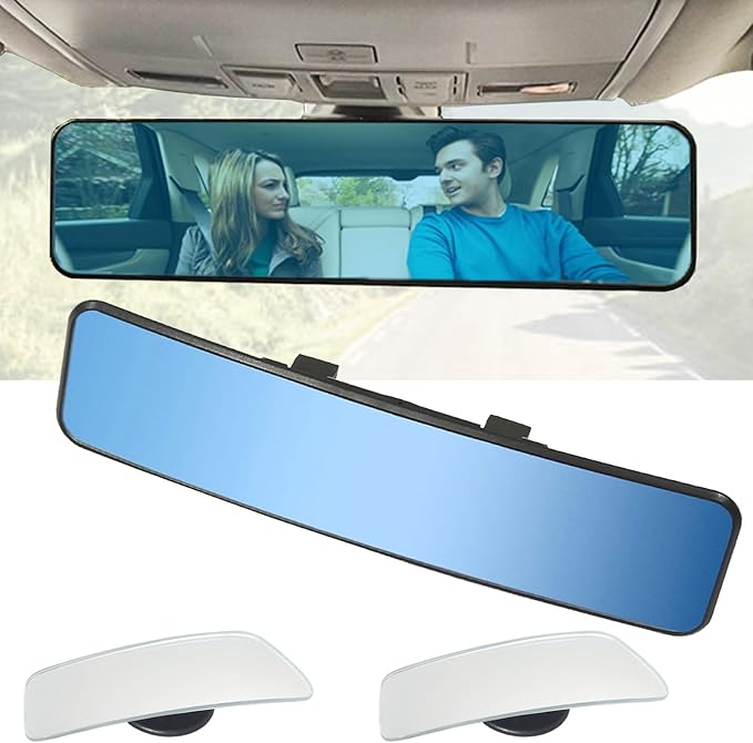 Universal Clip On Rearview Mirror - 11.4 Inch, Wide Angle Anti Glare, Blue Tint - Bonus 2 PCS Blind Spot Mirrors