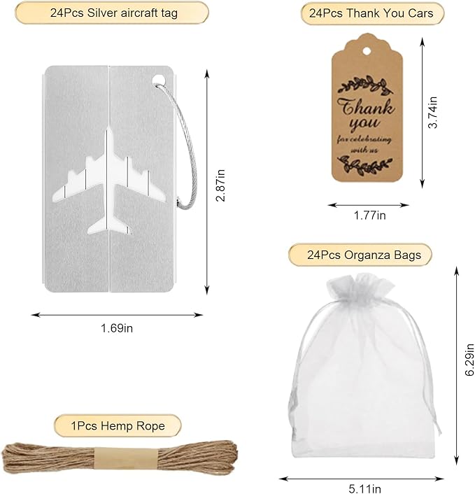 74 Pcs Luggage Tags Gifts -24 Set Silver Airplane Design Luggage Tags for Guests with 24 PcsTags and 24 White Sheer Bags Wedd