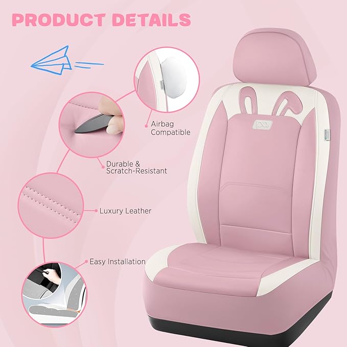 PIC AUTO Car Seat Covers, Cute Rabbit Premium Pink Leather Seat Covers, Universal Fit Front Seat Covers for Cars, Trucks, SUV