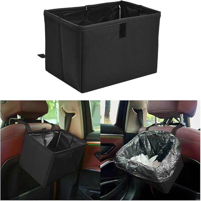 Car Trash Can, Leather Foldable Large Capacity Vehicle Hanging Garbage Bin Organizer, Waterproof Auto Interior Storage Bag Container Accessories, Universal for SUV Sedan Truck (Black)