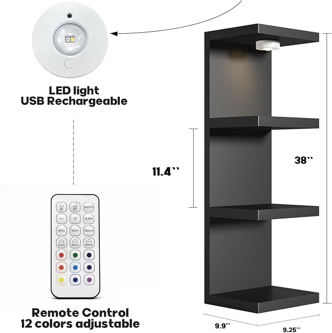 4-Tier Wall Shelf Unit with USB Rechargeable Led Light (Remote Controlled),Versatile Floating Display Shelves,Lack Style Wall