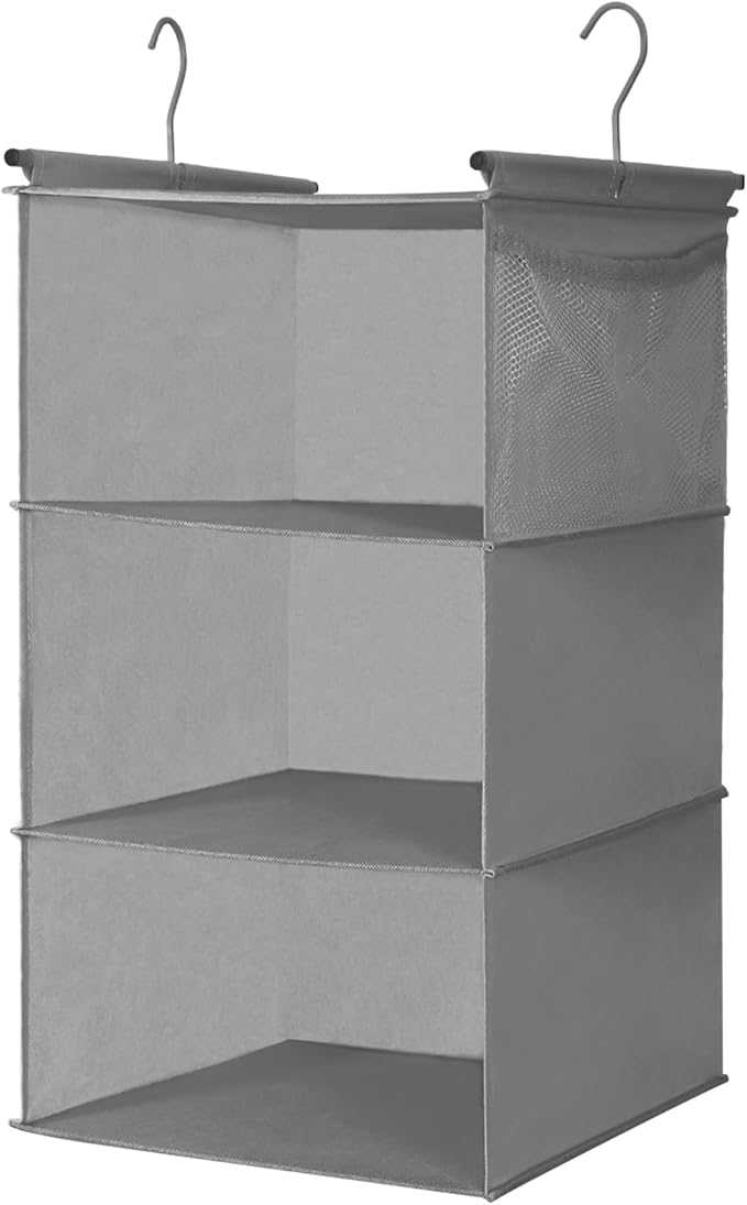 MAX Houser 3 Tier Shelf Hanging Closet Organizer, Closet Hanging Shelf with 2 Sturdy Hooks for Storage, 2 Pack, Foldable (Gre