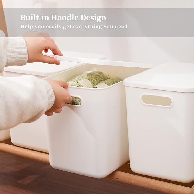 Yishyfier Plastic Storage Baskets Bins Boxes With Lids,Organizing Container White Storage Organizer Bins For Shelves Drawers 