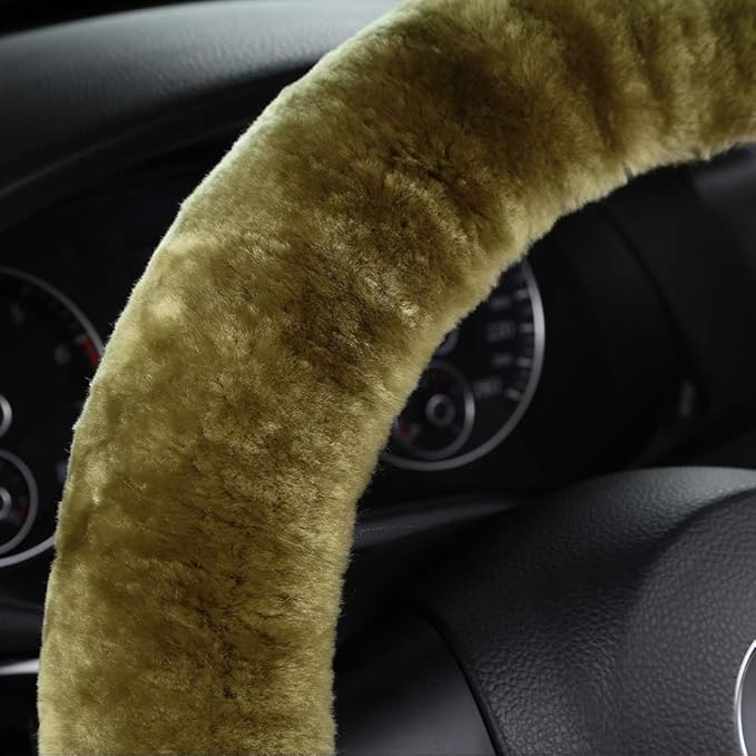 Furry Fluffy Wool Sheepskin car Steering Wheel Cover for Girls Women Universal car 14 1/2-15 1/2inchs (Pea Green)