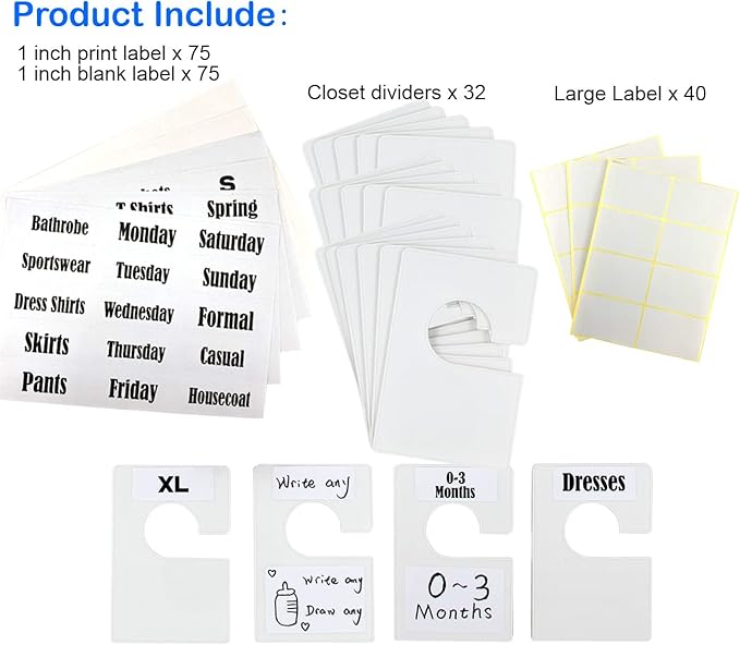 20 Pack White Clothing Rack Size Dividers Plus 90 Labels (1 Inch) and 20 Large Blank Labels, Large Rectangular Clothing Close