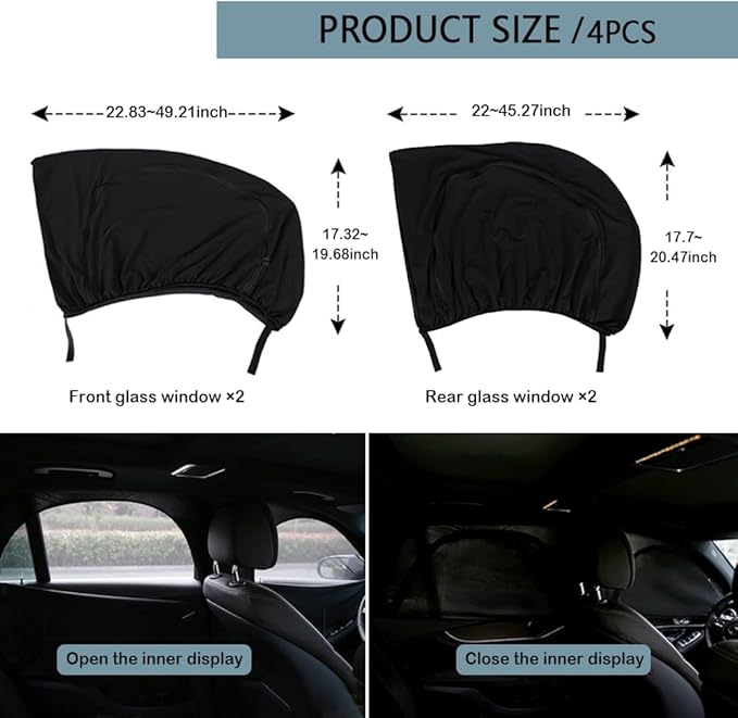 4PCS Car Window Shades with Zipper,Breathable Car Window Cover Baby Window Shades for Car,Camping Essentials Side Window Sun Shade for Privacy Protection Fits Most Cars