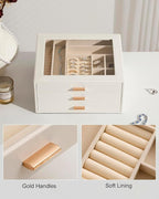 Jewelry Box with Glass Lid,3-Layer Jewelry Boxes for Women,PU Leather Jewelry Organizer with 20-Grid Earring Drawer & Movable