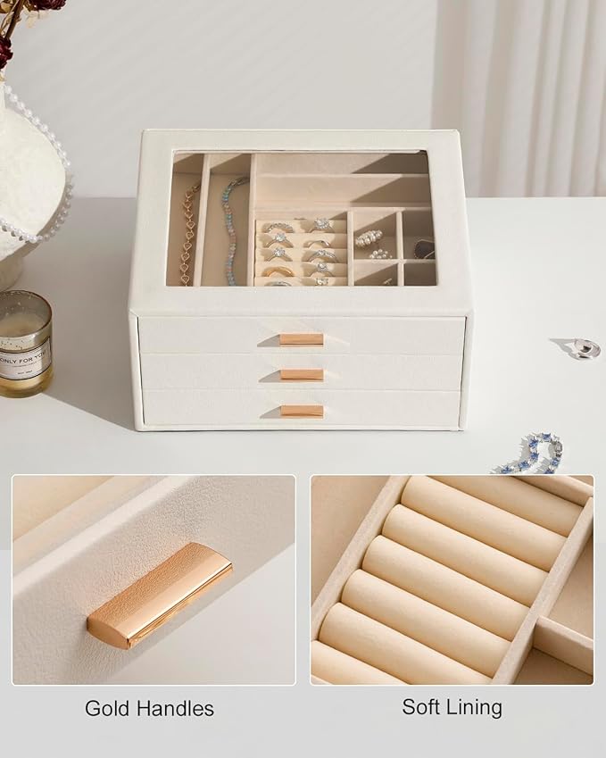 Jewelry Box with Glass Lid,3-Layer Jewelry Boxes for Women,PU Leather Jewelry Organizer with 20-Grid Earring Drawer & Movable