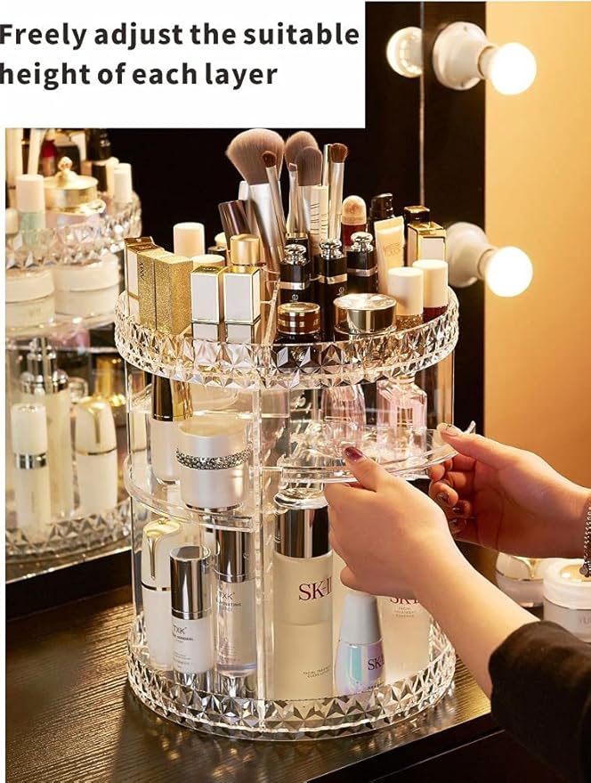 Cq acrylic Rotating Makeup Organizer,Adjustable Spinning Skincare Organizer for Vanity,Countertop,Clear Rotating Perfume Orga