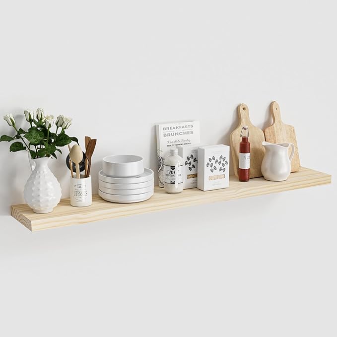Vivelove Natural Wood Floating Shelves 48”，8 inch Deep Floating Shelf with Invisible Brackets, Unfinished Wall Shelves for Li