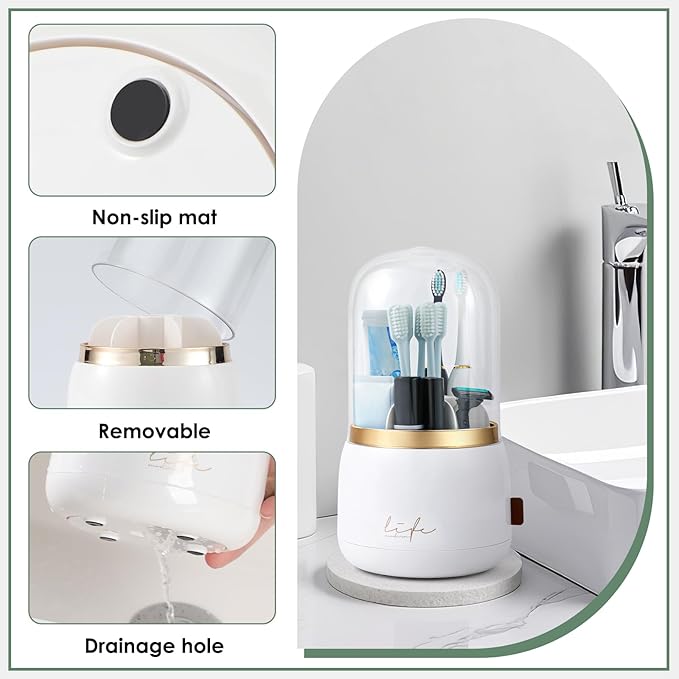 Toothbrush Holders for Bathrooms,Rotating 5-Slot with Cover and Draining Water,Kids Electric Toothbrush Holder and Toothpaste