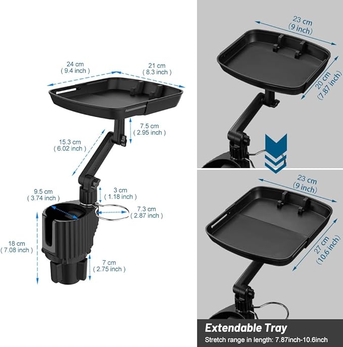 JSCARLIFE Car Cup Holder Expander with Detachable Tray, Multifunctional Car Food Tray Table, Travel Trip Accessories Large Water Bottle Holder